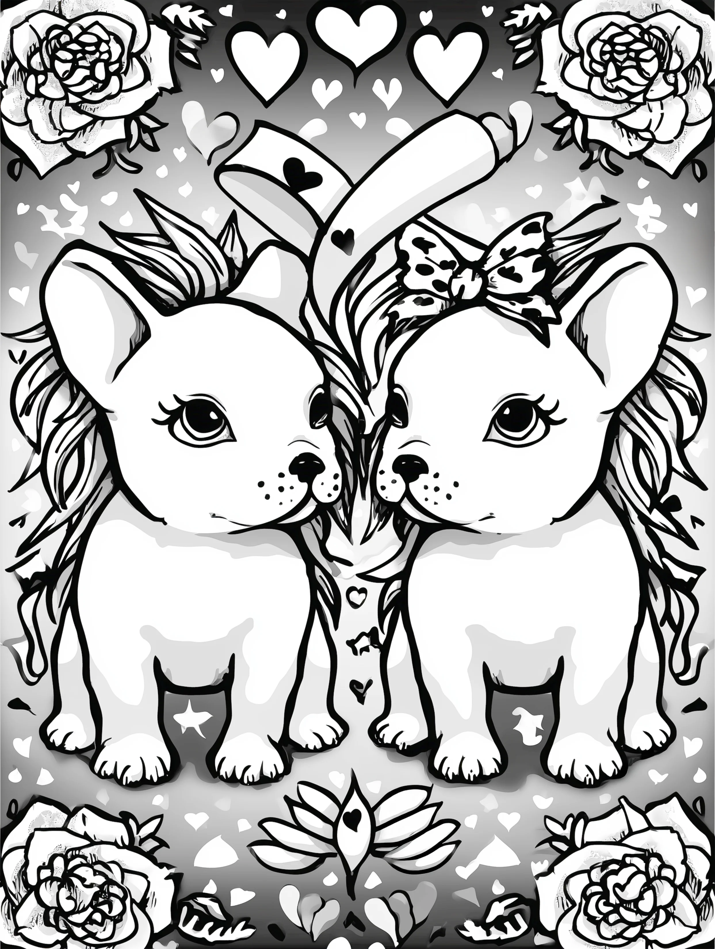 Free printable valentines coloring pages for adults featuring two dogs with long hair and ribbon with hearts